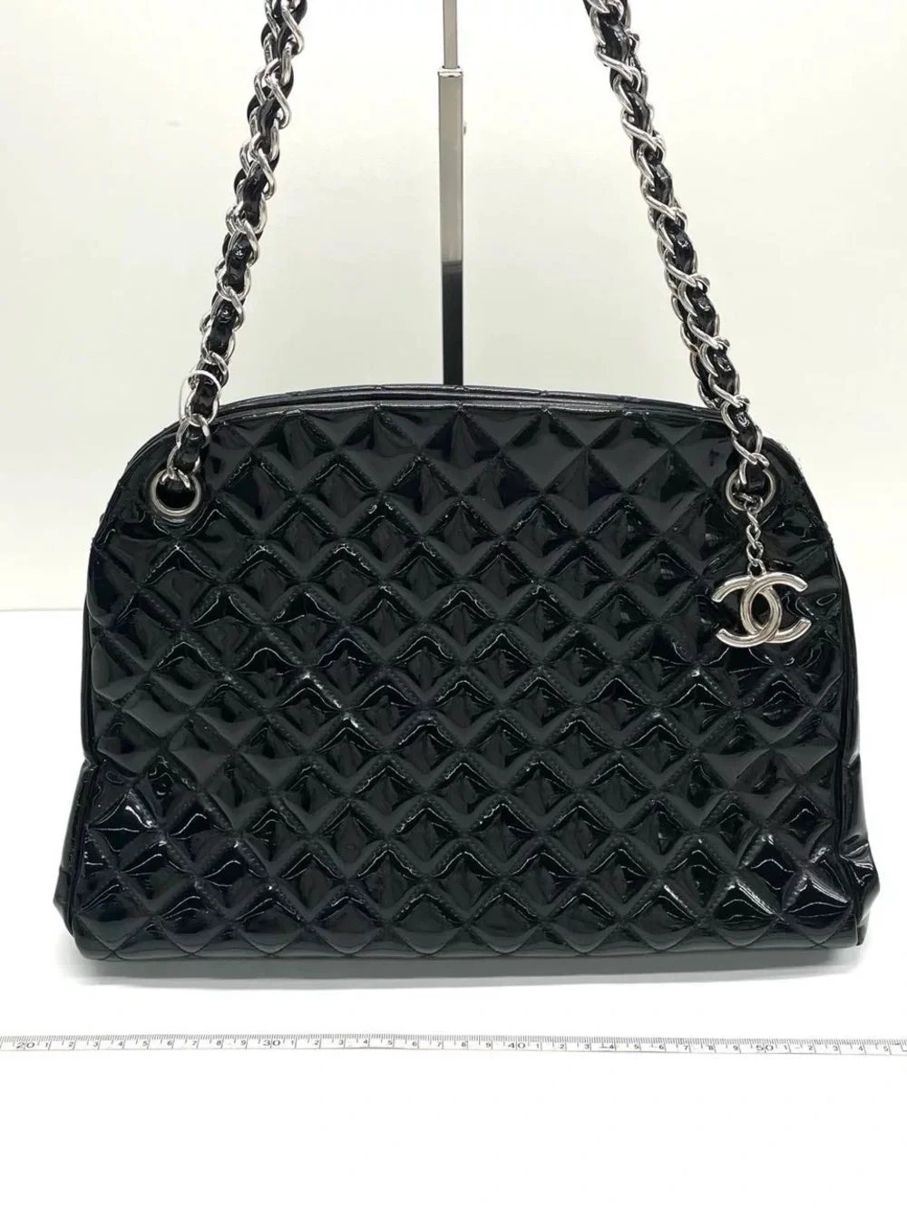 CHANEL Black Quilted Patent Shoulder Bag with Chain Strap and CC Charm